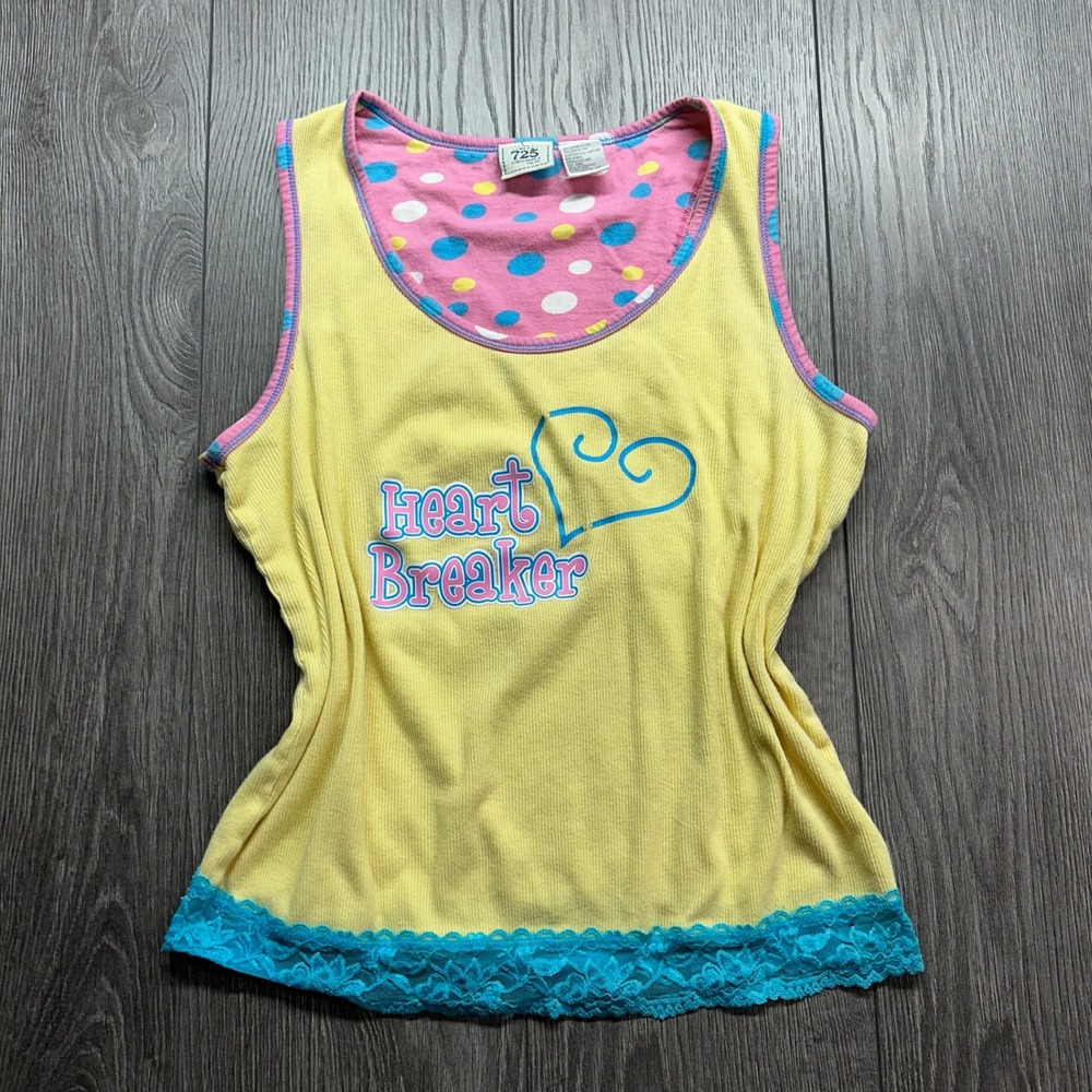 725 Originals Heart Breaker Tank Top Yellow Ribbed Lace Trim Y2K Small